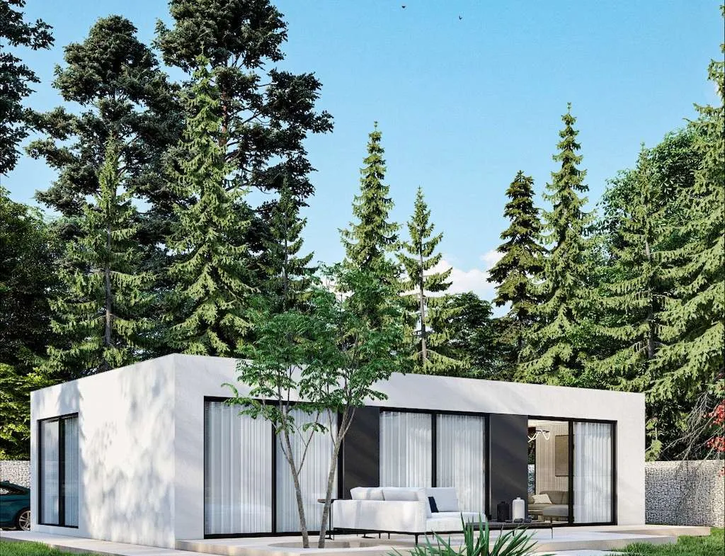 Modelo TRIO mi Molo EAD - vista desde el exterior con pinares al fondo