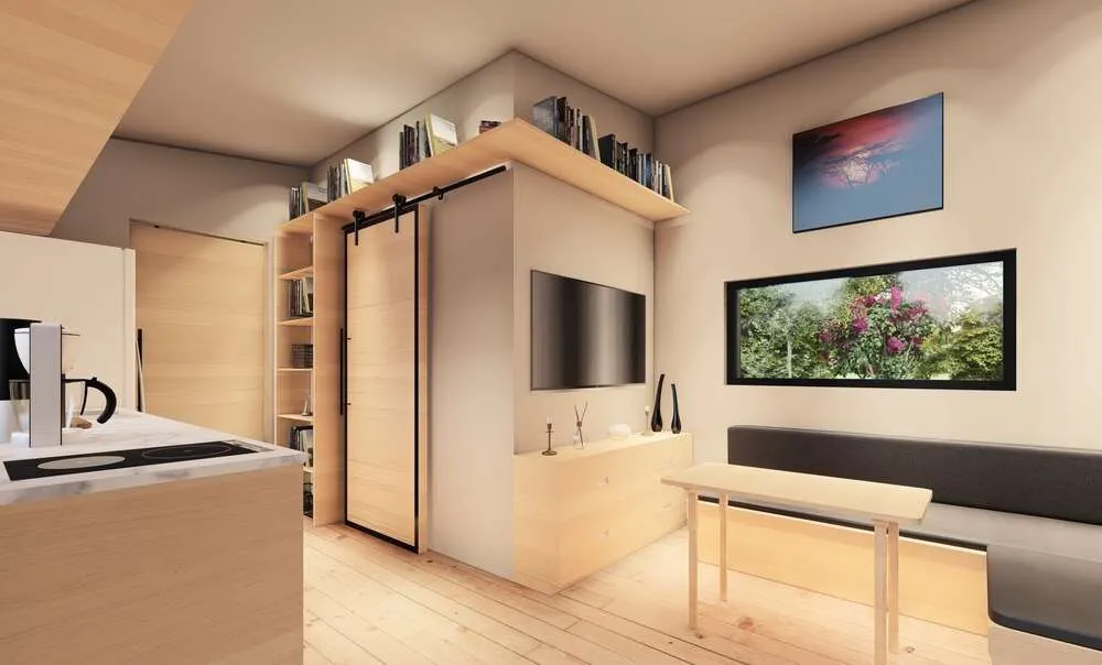 Tyne by The Tiny Housing Co - vista interior de la zona de comedor y cocina 